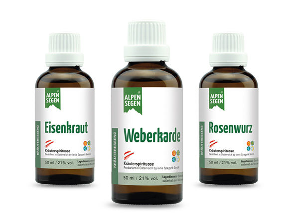 ALPENSEGEN® Einzelkräuter-Essenzen, drei Produktflaschen beispielhaft, nebeneinander stehend