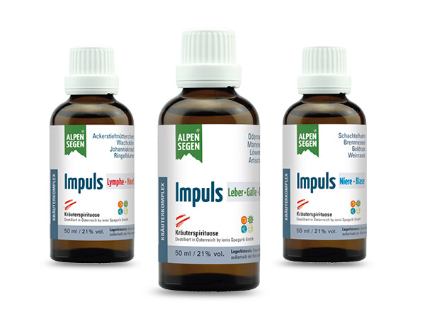 ALPENSEGEN® Impuls & Regulation, drei Produktflaschen beispielhaft, nebeneinander stehend