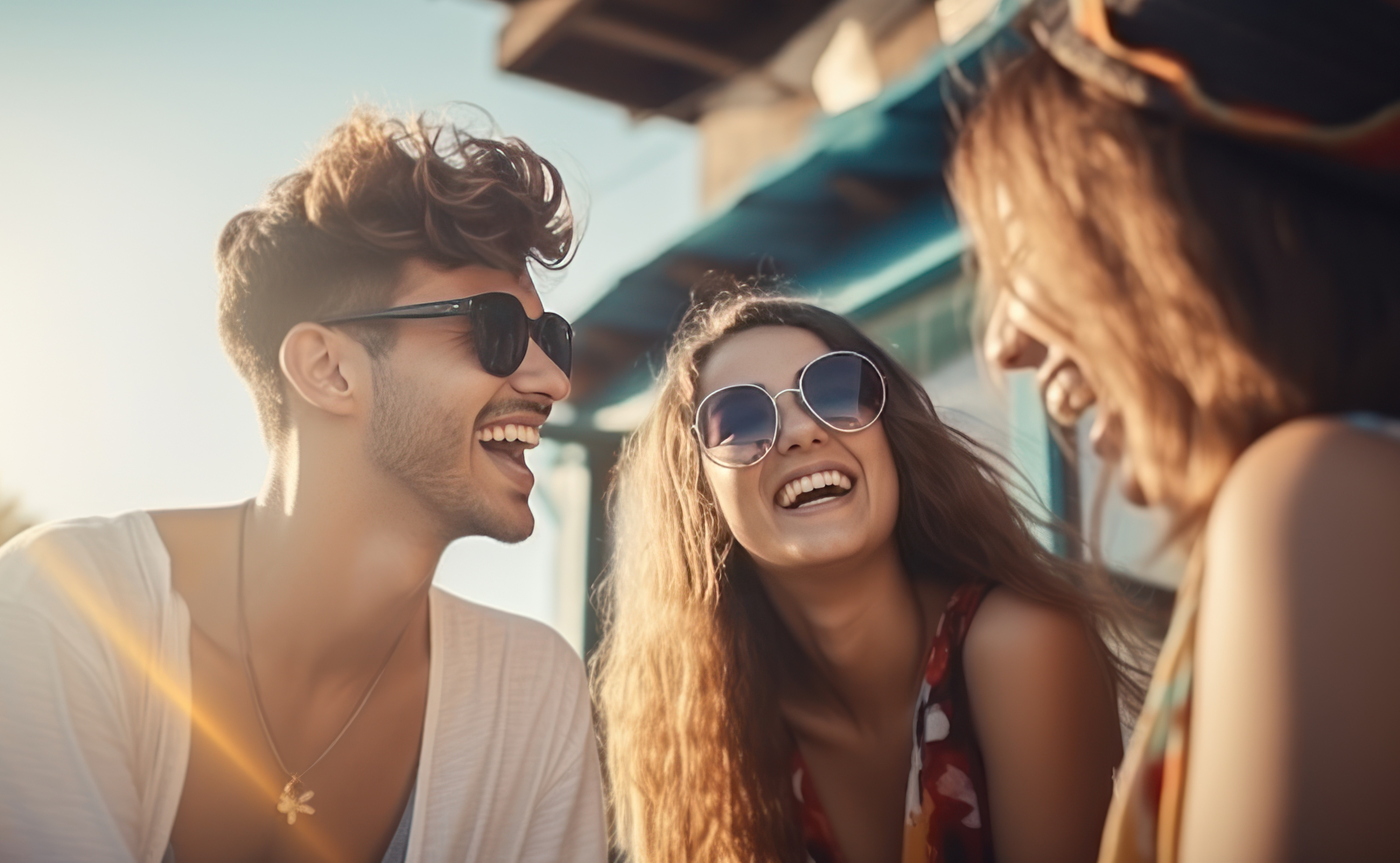 Ein Mann und zwei Frauen in sommerlicher Kleidung lachen und tragen Sonnenbrillen im Freien. Sie symbolisieren Freude, auch durch ein starkes Immunsystem.