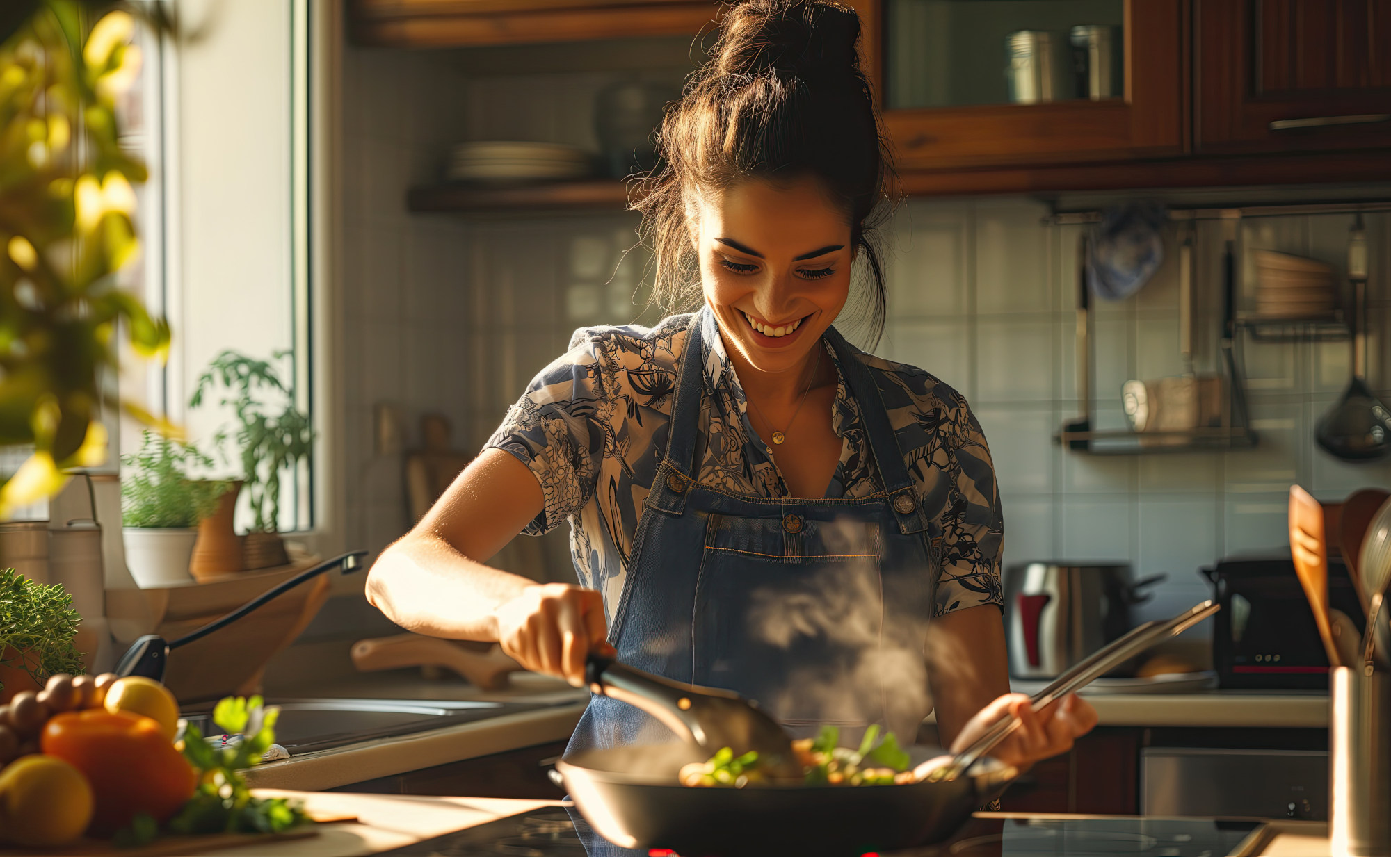 Eine Frau mit Dutt und Schürze lächelt, während sie in einer Pfanne am Herd kocht und Dampf aufsteigt.